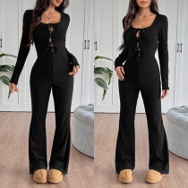 Solid Color Slim Fit Flared Jumpsuit with Chest Bow Tie Detail