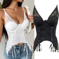 Fashion Floral Jacquard Lace V-neck Push-up Lace-up Irregular Hemline Cami Top