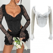 Fashion Ruffle Square Neck Long Sleeve Semi-through Lace Croset Shirt