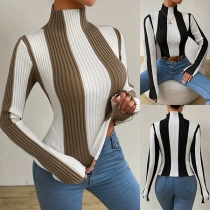 Fashion Contrast Color Verticial Stripe Mock Neck Long Sleeve Ribbed Shirt