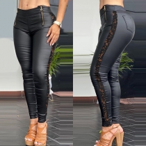 Fashion Lace Spliced Front Zipper Skinny Pants