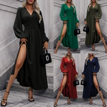 Lantern Sleeve Dress with High Side Slit