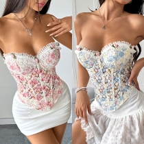 Floral Embroidered Tube Top with Lace Detail and Tie Back Design
