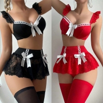 Fashion Contrast Color Bowknot Lace Two-piece Lingerie Set