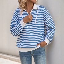 Casual Blue and White Stripe Half-zipper V-neck Long Sleeve Sweatshirt