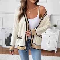 Fashion Contrast Color Front Button Patch Pockets Long Sleeve Knitted Cardigan
