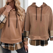 Fashion Contrast Color Plaid Drawstring Hooded Sweatshirt