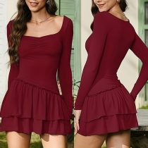 Fashion Square Neck Long Sleeve Ruffle Hemline Mini Dress