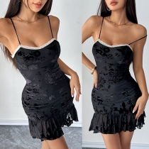 Fashion Lace Spliced Necklace Ruffle Hemline Jacquard Nightwear Dress