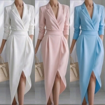 Elegant Notch Lapel V-neck Long Sleeve High-rise Irregular Hemline Dress