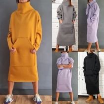 Fashion Turtleneck Long Sleeve Kangaroo Pockets Sweatshirt Dress