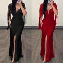 Round Neck Sequined Dress with Ruffled Tassel Sleeves