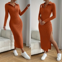 Fashion Stand Collar Button V-neck Long Sleeve Side Slit Ribbed Bodycon Dress