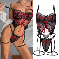 Embroidered Flower Lingerie Set with Cross Strap Design
