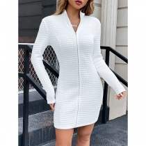 Fashion Front Zipper V-neck Long Sleeve Texture Bodycon Dress