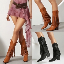 Mid-Calf Boots with Pointed Toe and PU Leather Tassel Details