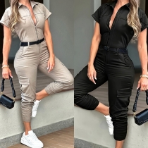 Short-Sleeve Lapel Jumpsuit with Multi-Pocket Design and Belt