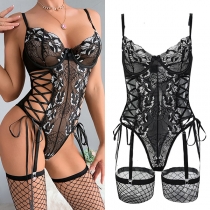 Sexy Floral Printed Jacquard Side Lace-up Lace Lingerie Bodysuit with Mesh-net Socks
