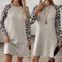 Fashion Leopard Printed Long Sleeve Crew Neck Ribbed Dress