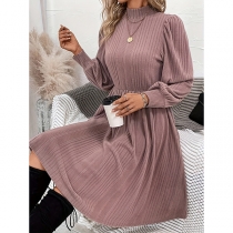 Fashion Mock Neck Long Sleeve Ribbed Dress