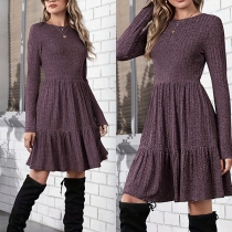 Fashion Solid Color Crew Neck Long Sleeve Tiered Dress