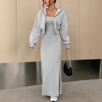 Long-Sleeved Short Cardigan and Slim Long Dress Two-Piece Outfit