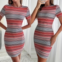 Colorful Striped Hip Dress with Slim Fit Body Hugging Design