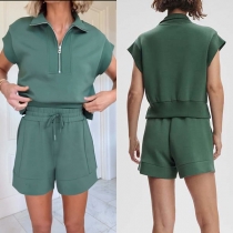 Loose Two Piece Suit featuring Short Sleeve Sweatshirt and Zipper Pocket Shorts