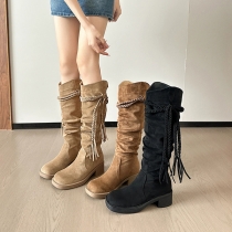 Mid Calf Knight Boots with Thick Heels Lace Up Front and Tassel Accents