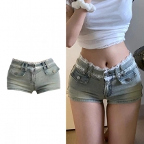 Tight Fit Denim Shorts featuring Low Waist and Lace Stitching Details