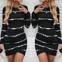 Fashion Crew Neck Long Sleeve Irregular Hemline Stripe Printed Bodycon Dress