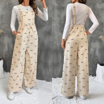 Fashion Bowknot Printed Square Neck Side Pockets Straight-cut Suspender Jumpsuit