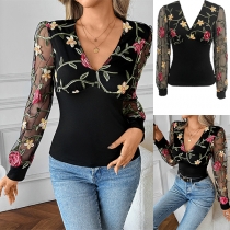 Fashion Gauze Spliced Long Sleeve V-neck Floral Emboridery Shirt