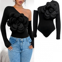 Fashion Slant Shoulder Long Sleeve 3D Floral Bodysuit