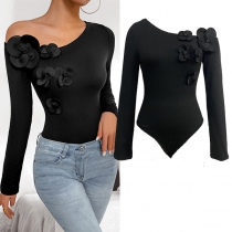 Long Sleeve Fitted Bodysuit with Diagonal Neckline and Three-Dimensional Large Flower Detail