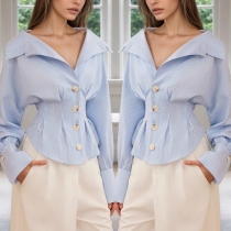 Fashion Lapel V-neck Front Button Long Sleeve Cinch Waist Blouse