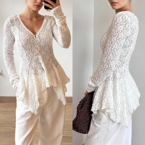 Fashion Front Button V-neck Long Sleeve Ruffle Hemline Lace Shirt