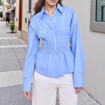 Fashion Stand Collar Long Sleeve Smocked Blouse