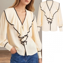 Vintage Contrast Color Ruffle Lapel Long Sleeve Shirt