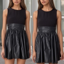 Fashion Crew Neck Sleeveless High-rise Artificial Leather Ruffle Mini Dress