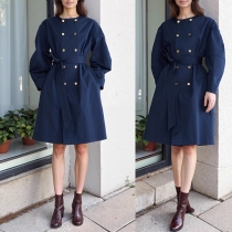 Fashion Double-breasted Crew Neck Long Sleeve Self-tie Jacket