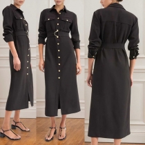 Fashion Stand Collar Long Sleeve Front Button Shirt Dress with Belt