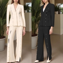 Elegant Button Decoration Two-piece Suit Set Consist of Blazer and Straight-cut Pants