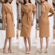 Fashion Crew Neck Long Sleeve Knotted Ruched Bodycon Dress