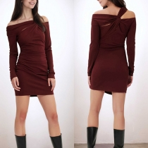 Fashion Slant Shoulder Ruched Long Sleeve Bodycon Dress