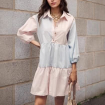 Fashion Contrast Color Button Stand Collar Elbow Sleeve Tiered Dress