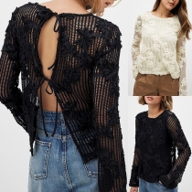 Fashion Floral Jacquard Crew Neck Long Sleeve Knitted Shirt