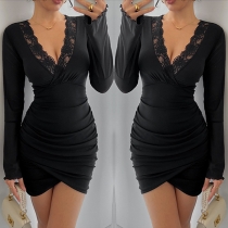 Fashion Lace Spliced V-neck Trumpet Long Sleeve Irregular Hemline Bodycon Dress