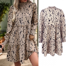 French Style Floral Print Dress with Long Sleeves