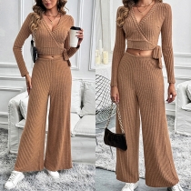 Two-Piece Knit Set featuring Solid Color Casual Trousers